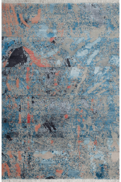 Dual Abstract Erased Blue Hand Knotted Modern Area Rug