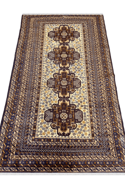 Four Motif Original Brown Afghani Hand Knotted Carpet
