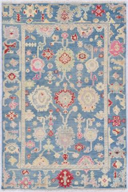 Blue Floral Motif Oushak Handmade Wool Carpet