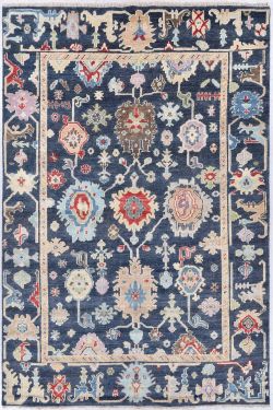 All Over Floral Navy Blue Oushak Handmade Carpet