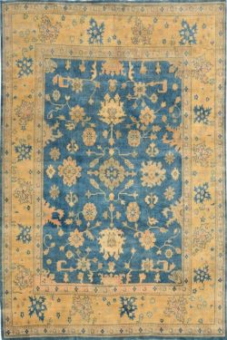 Handknotted Blue Floral All Over Motif Oushak Rug