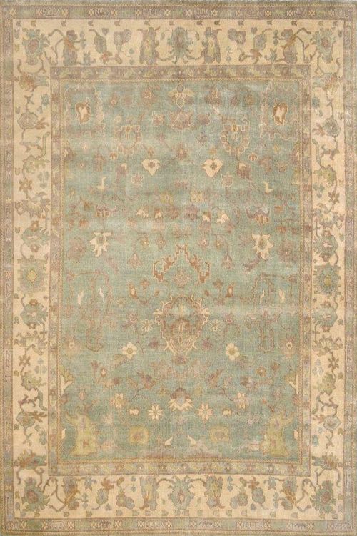 Sage Green Handknotted Oushak Pattern Rug