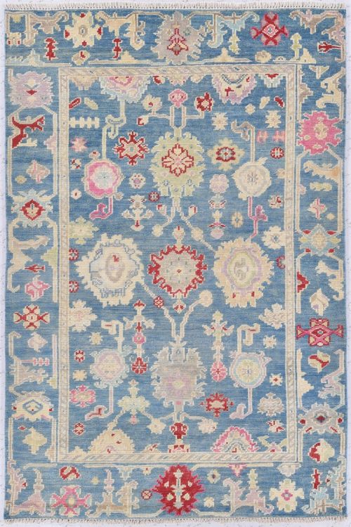 Blue Floral Motif Oushak Handmade Wool Carpet