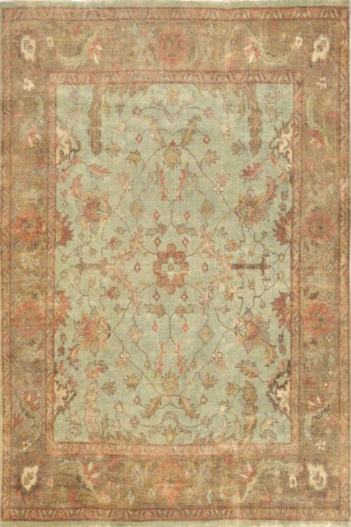 All Over Floral Motif Green Beige Handmade Oushak Rug